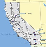 Thumbnail of Road map of California. Arrows indicate the points of entry of main U.S. highways into California from the East.