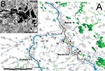 Thumbnail of A), Potential foci of mosquitoborne viruses in the Mělník area. Floodplain forests identified on the Landsat MSS satellite images (dotted red line), with hydrology and settlement in background (DMU-200, VTOPÚ Dobruška), and proportion of Tahya virus seropositive residents at particular localities (large, medium, and small circles indicate the risk zones A, B, and C, respectively). B) [inset], radar satellite image of the conflux of the Labe and Vltava Rivers on August 17, 2002 (2 da