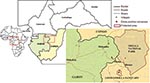 Thumbnail of Map of the forest zone straddling the border between Gabon and Republic of Congo, showing (red points) the location of Ebola virus–positive carcasses, confirmed by testing in the Centre International de Recherches Médicales de Franceville biosafety level 4 unit during the 2001–2003 outbreaks in Gabon and Republic of Congo.