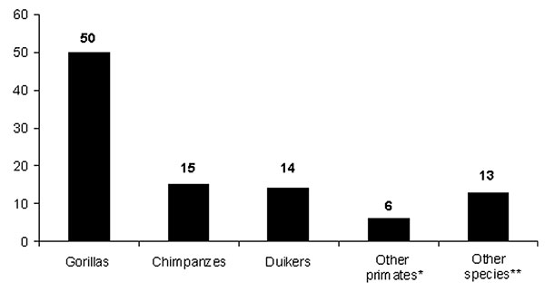 Species distribution of carcasses found in the forest straddling the border between Gabon and Republic of Congo (2001–2003). * = other primates: Cercopithecus sp.; † = other species: Atherurus africanus (1), Genetta sp (3), Loxodonta africana (1), Manis sp (1), Mongoose sp (1), Thryonomys swinderianus (2), Tragelaphus sp (1), Python sebae (2), and bird of prey (1).