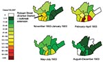 Thumbnail of Spatial-temporal distribution of incidence of smallpox during outbreak, by district, Liverpool, 1902–1903 (7). *Incidence of smallpox per district (per 100,000) calculated as number of cases per district ÷ by district population x 100,000. New cases per district were counted from their locations given on the 4 maps in the original report for each of the periods above. District populations were tabulated separately (7).