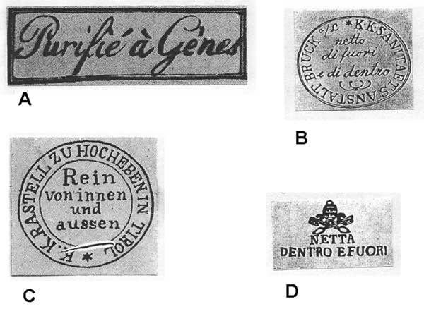 Various cachets from 19th-century envelopes. A) Genoa, 1813; B) Austria, 1830–1869; C) Vienna, 1831–1832; D) papal insignia (18).