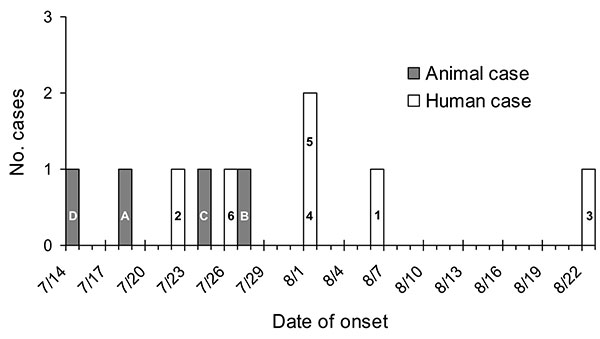 Epidemic curve of onset dates for human salmonellosis cases (white bars) and animal cases (gray bars). Numbers 1–6 refer to human cases, letters A–D refer to animal cases (see text).