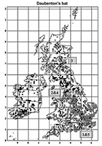 Thumbnail of Distribution of Daubenton bats in the United Kingdom and Ireland showing 5 cases of infection with European Bat lyssavirus type 2 (EBLV-2). Open circles are sites where Daubenton’s bats were observed away from their roosts, and the closed circles are roosts of Daubenton bats (summer and winter). The 5 numbered gray circles are sequential sites where EBLV-2–positive cases were found. Reprinted with permission of The Bat Conservation Trust (London, United Kingdom) from Distribution of