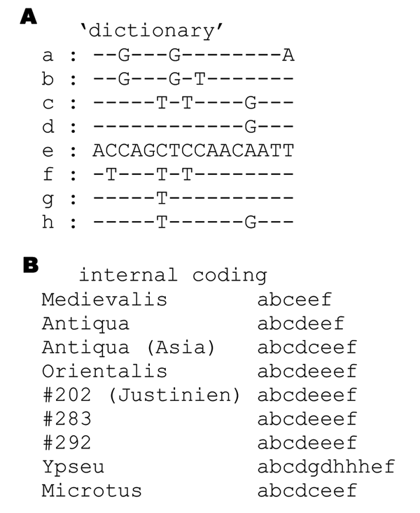 A) sequence-to-code correspondence (1 letter per 16-bp repeat unit). Differences from repeat unit "e" are shown. B) Tandem repeat arrays were coded accordingly. All sequences were obtained from Genbank (Ypseu: Yersinia pseudotuberculosis IP32953; Microtus: "Y. microtus" Chinese strain #91001).
