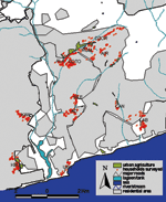 Thumbnail of Location of urban agricultural (UA) sites and households surveyed within Accra, Ghana. Communities surveyed are shown with full name, UA or control (C), number of children sampled, and malaria prevalence. AIR, (Airport, UA, n = 77, 19.5%); ALA, (Alajo UA, n = 166, 15.1%); DZOR, (Dzorwulu UA, n = 132, 19.7%); KBU, (Korle Bu, UA, n = 181, 8.8%); KOTO, (Kotobabi, UA, n = 219, 18.3%); ROM, (Roman Ridge, UA, n = 105, 22.9%); CANT, (Cantonments, UA, n = 23, 13.0%); MLE, (Kokomlemle, C*, n