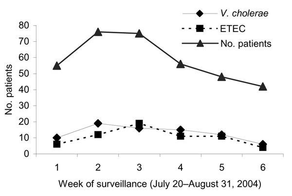 Weekly distribution of patients with Vibrio cholerae O1 or enterotoxigenic Escherichia coli (ETEC) infections during the study period from July 20 to August 31, 2004. The total number of patients who underwent stool analyses at the treatment center each week during the diarrheal epidemic is also shown.