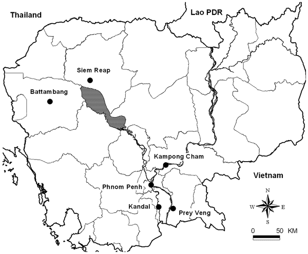 Bat urine sampling site. Cambodia, June 2003–July 2004.