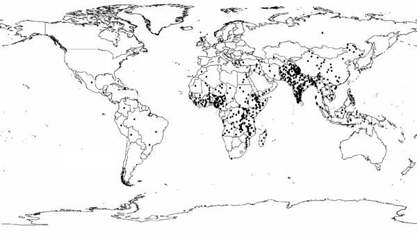 Estimated global distribution of rotavirus-related deaths. Each dot represents 1,000 rotavirus-related deaths.