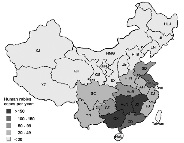 Human rabies epidemic in China by location, 1996–2000.