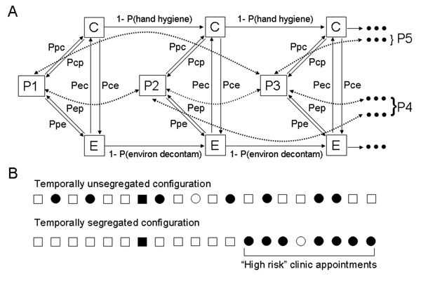 Schematic of model and segregation. A) Depiction of first 3 patient encounters. P1, P2, and P3, patients 1, 2, and 3; C, caregiver; E, environment. Arrows depict path (direction) of transmission if 1 participant in the interaction is infectious or contaminated. P(hand hygiene), probability that a contaminated caregiver will clear his or her contamination between patients; P(environ decontam), probability that a contaminated environment will be effectively decontaminated between patient visits. D