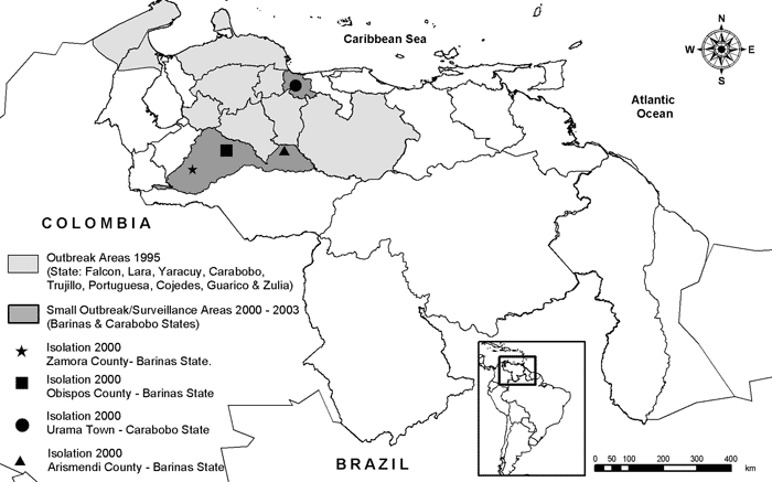 Map of Venezuela showing locations of the 1995 Venezuelan equine encephalitis outbreak and the small outbreaks of 2000 and 2003, along with surveillance study sites.