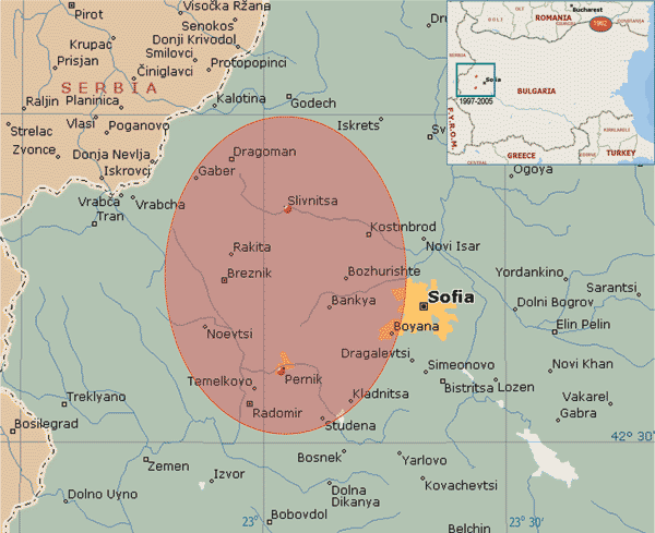 The outbreak areas, Bulgaria, 1962 and 1997–2005.