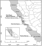 Thumbnail of Location of The Marine Mammal Center (TMMC), rescue range of TMMC (shaded), and northern elephant seal rookeries (Point Reyes National Seashore, Point Año Nuevo, Piedras Blancas) where seals were sampled along the California coastline.