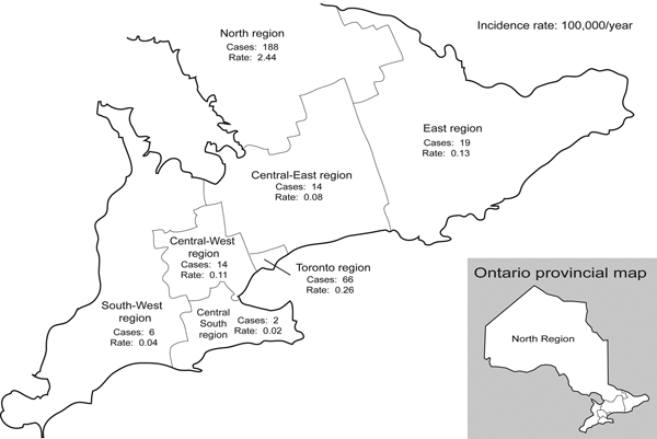 Incidence of blastomycosis by Ontario health region.