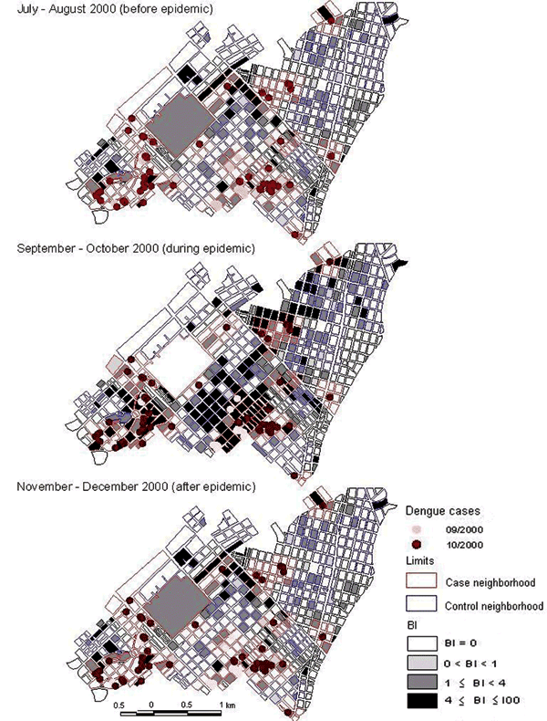 Spatial distribution of dengue cases and Breteau indices (BI) at the block level before, during, and after the dengue outbreak, Playa Municipality, Havana, 2000.