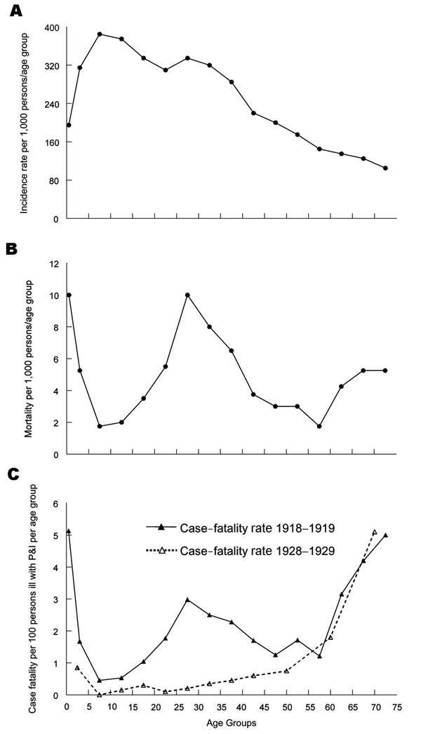 Influenza plus pneumonia (P&amp;I) (combined) age-specific incidence rates per 1,000 persons per age group (panel A), death rates per 1,000 persons, ill and well combined (panel B), and case-fatality rates (panel C, solid line), US Public Health Service house-to-house surveys, 8 states, 1918 (36). A more typical curve of age-specific influenza case-fatality (panel C, dotted line) is taken from US Public Health Service surveys during 1928–1929 (37).