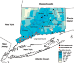 Thumbnail of Geographic distribution of West Nile virus isolations from mosquitoes in relation to human population density and mosquito trapping in Connecticut, 2002–2004. "WNV-positive site" indicates that virus isolations were made from mosquitoes collected from these trapping locations.