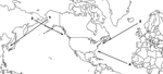 Thumbnail of Map of known routes for natural interhemispheric bird movement: route 1, migrants breeding in Alaska and wintering in East Asia; route 2, migrants breeding in East Asia and wintering along the Pacific Coast of North America; route 3, migrants breeding in Iceland or northwestern Europe and wintering along the Atlantic Coast of North America; route 4, vagrants from West Africa carried by tropical storm systems across the Atlantic to eastern North America.