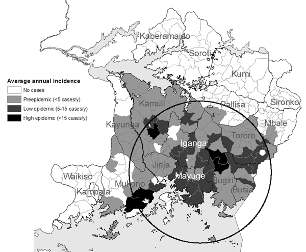 Sleeping sickness incidence in southeastern Uganda, 1989–1997, by subcounty. Circle indicates a significant space-time cluster at the 95% confidence level, as detected by the space-time scan test. See Table for scan test results.