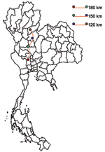 Thumbnail of Example of grazing-duck movement. A single flock of ducks was moved 3 times by truck in 1 season in 2004. The size of the flock is 3,000–10,000. The time spent at each site depends on the availability of rice fields at the site: an acre of rice could support 3,000 ducks for 1 to 2 days. The duck owners have agreements with the landowners regarding the time of harvest and the acreage available. One flock could spend as long as 1 month at a single site before being moved to the next.