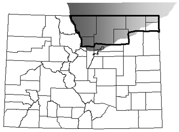 Location of chronic wasting disease (CWD)–endemic area in northeastern Colorado, USA (7) (gray shading) in relationship to Colorado counties regarded as CWD counties (bold outline) for purposes of comparing Creutzfeldt-Jakob disease rates and relative risk among resident human populations.