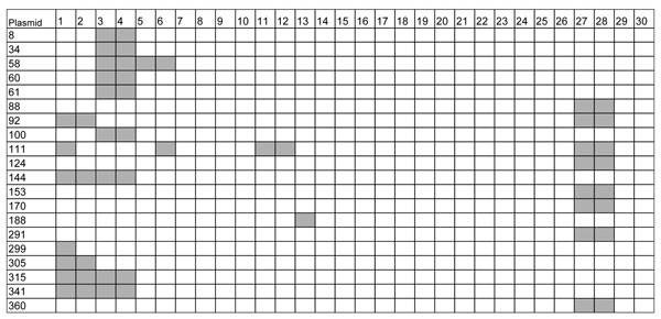 Distribution of outlier signals among the 30 Mycobacterium ulcerans isolates tested. M. ulcerans isolates: 1, 8756 Japan; 2, 980912 China; 3, 842 Suriname; 4, 7922 French Guiana; 5, 5147 Australia; 6, 5142 Australia; 7, 9549 Australia; 8, 9550 Australia; 9, 940339 Australia; 10, 8849 Australia; 11, 5151 Democratic Republic of Congo (DRC); 12, 5150 DRC; 13, 940511 Côte d'Ivoire; 14, 940662 Côte d'Ivoire; 15, 940815 Côte d'Ivoire; 16, 960658 Angola; 17, 960657 Angola; 18, 970680 Togo; 19, 970321 G