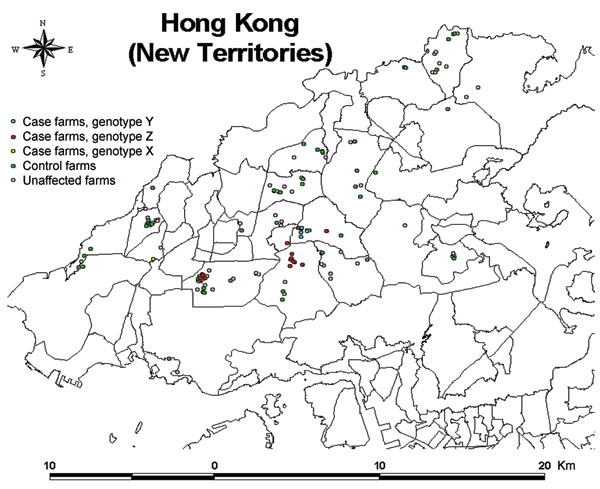 Map of Hong Kong showing the locations of the 22 infected farms (16 case-control study and 6 nonparticipant farms), 46 control farms, and 78 other unaffected farms active during the 2002 outbreak of highly pathogenic avian influenza A virus (subtype H5N1).