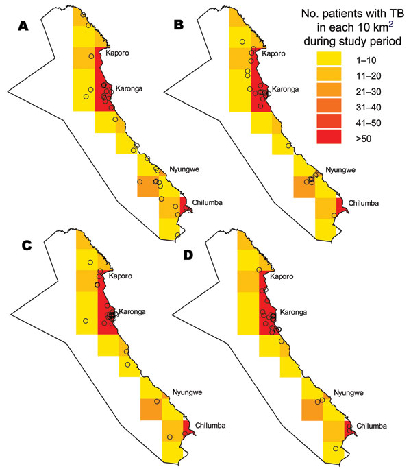 Geographic distribution of the 4 most common strains defined by restriction fragment length polymorphism: A) strain kps12, B) strain kps121, C) strain kps41, and D) strain kps44. Each o represents a patient. Each square is 10 km × 10 km. The background shading represents the total number of tuberculosis (TB) cases in each area during the study period, which largely reflects the population density.