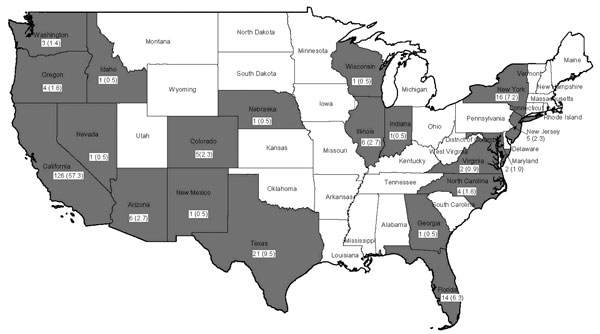 Frequency and percentage of fatal cysticercosis cases by state, United States, 1990–2002. Shaded areas indicate states with deaths from cysticercosis.