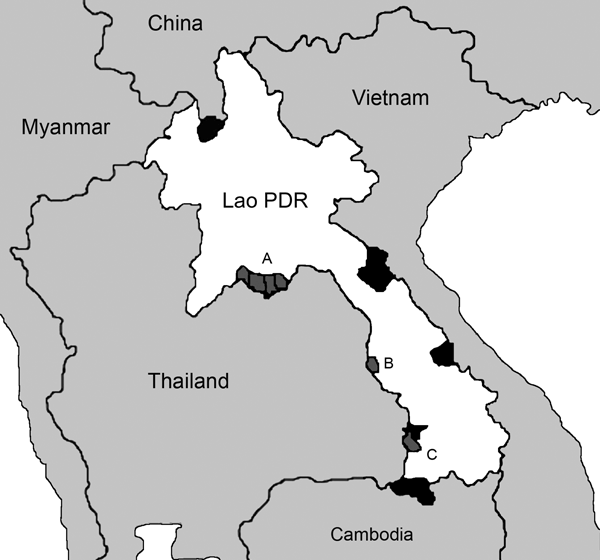 Map of Lao People's Democratic Republic indicates regions (black areas) of influenza virus surveillance. Outbreaks of H5N1 occurred in Vientiane (location of isolation of A/Duck/Laos/3295/2006) (A), Savannakhét (B), and Champasak (C) provinces during late 2003 and early 2004.