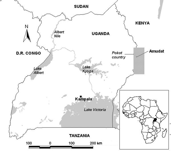 Map showing Pokot Country (shaded box) in eastern Uganda and western Kenya.