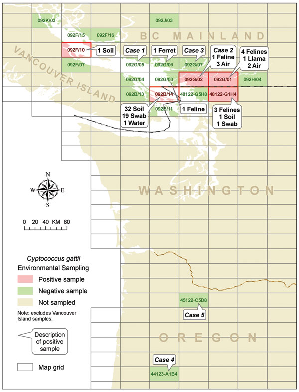 Location of human and animal Cryptococcus gattii cases and positive environmental samples found off Vancouver Island.