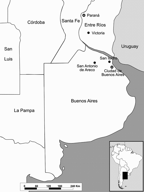 Locations of dead horses reported from February to March 2006 in central Argentina.