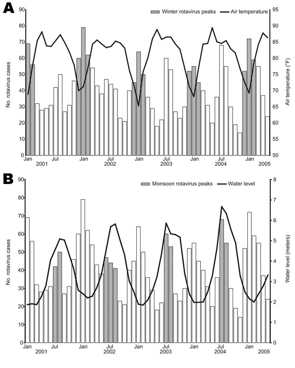 Correlation between cases of rotavirus diarrhea and air temperature and water level in Dhaka, Bangladesh, January 2001–May 2005.