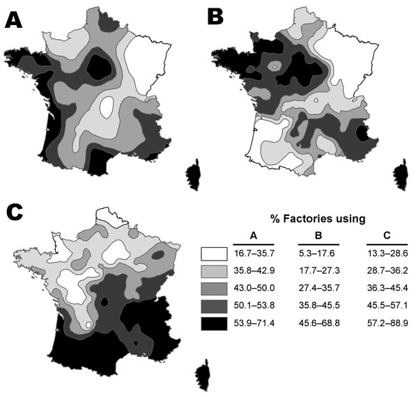 Mapping of the proportion of factories using meat-and-bone meal for monogastric species (A), animal fat for cattle (B), and animal dicalcium phosphate for cattle (C) in the delivery areas. The legibility of the maps was improved by smoothing with a spatial interpolation of the exposure level in the delivery areas.