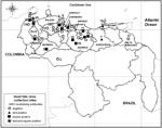 Thumbnail of Collection sites for West Nile virus (WNV) in Venezuela. Symbols represent results of tests for specific antibodies to WNV in serum samples of birds and horses (viral titers in a 90% plaque reduction neutralization test &gt;40 and a 4-fold differential inhibition in a neutralization assay to WNV compared with other related flaviviruses). Source: Instituto Geográfico de Venezuela Simón Bolivar, Caracas, Venezuela.