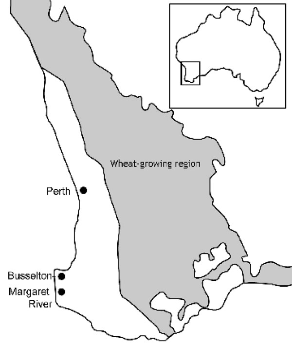 Wheat-growing region and Busselton-Margaret River region of Western Australia.