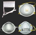Thumbnail of Noncertified masks and certified respirators. A surgical mask (upper left) and a dust mask (lower left) are examples of disposable masks that are not designed to filter small particles and that are not certified by the National Institute for Occupational Safety and Health (NIOSH). The disposable N95 filtering facepiece respirators pictured on the right (with exhalation valve, upper right; without exhalation valve, lower right) are made of material certified by NIOSH to filter 95% of 0.3-μm diameter particles and bear the NIOSH name and “N95” filter identification. The European FFP2 respirator is most analogous to the N95 filtering facepiece respirator. NIOSH also certifies more expensive reusable respirators (not pictured), which can be fitted with disposable cartridges that filter particles. Reusable respirators may cover the face from the bridge of the nose to the chin (half-face) or from the forehead to the chin (full-face).