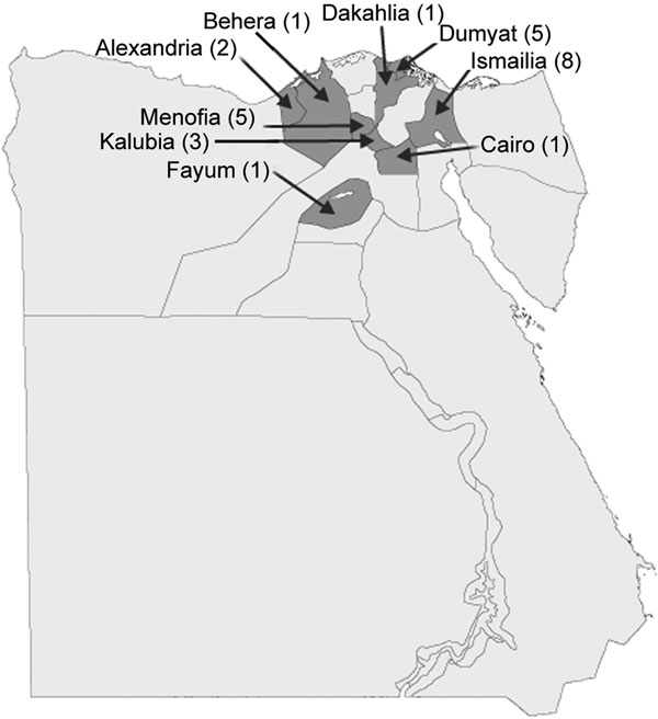 Locations and number of cases in the initial outbreaks of foot-and-mouth disease, Egypt, 2006.