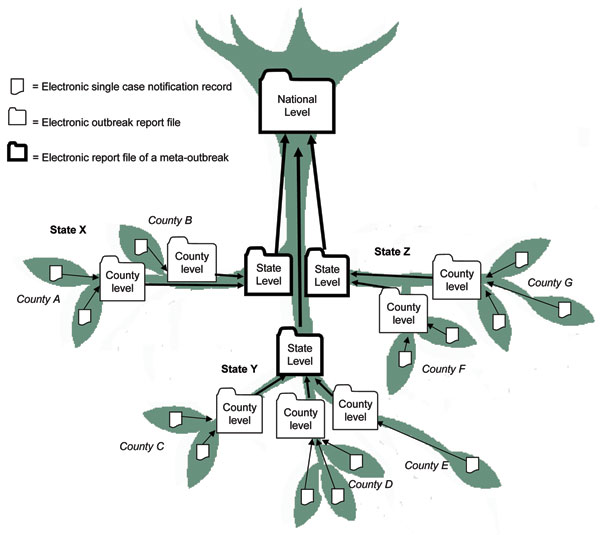 Inverted tree structure for organizing electronic outbreak reporting at different administrative levels.