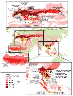 Thumbnail of Twenty-five ecoregions with large numbers of avian influenza cases (November 2003-November 2006). A) Eurasia; B) Southeast Asia; C) Africa. Yellow regions are composed of aggregated dots representing individual cases.