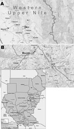 Thumbnail of Location of the study areas in Southern Sudan: A) Western Upper Nile; B) West Equatoria Region, Mundri County (source: Centre for Development and Environment, University of Berne, Switzerland; available from www.cde.unibe.ch/sudan/maps), with an inset of the whole country (source: World Health Organization; available from www.emro.who.int/sudan/media/pdf/sud-states-2006.pdf).