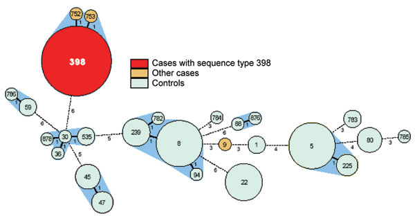 Genetic relatedness of methicillin-resistant Staphylococcus aureus from cases and controls, represented as a minimum spanning tree based on multilocus sequence typing (MLST) profiles. Each circle represents a sequence type, and numbers in the circles denote the sequence type. The size of the circle indicates the number of isolates with this sequence type. The number under and right of the lines connecting types denotes the number of differences in MLST profiles. The halos surrounding the circles indicate complexes of sequence types that differ by &lt;3 loci.