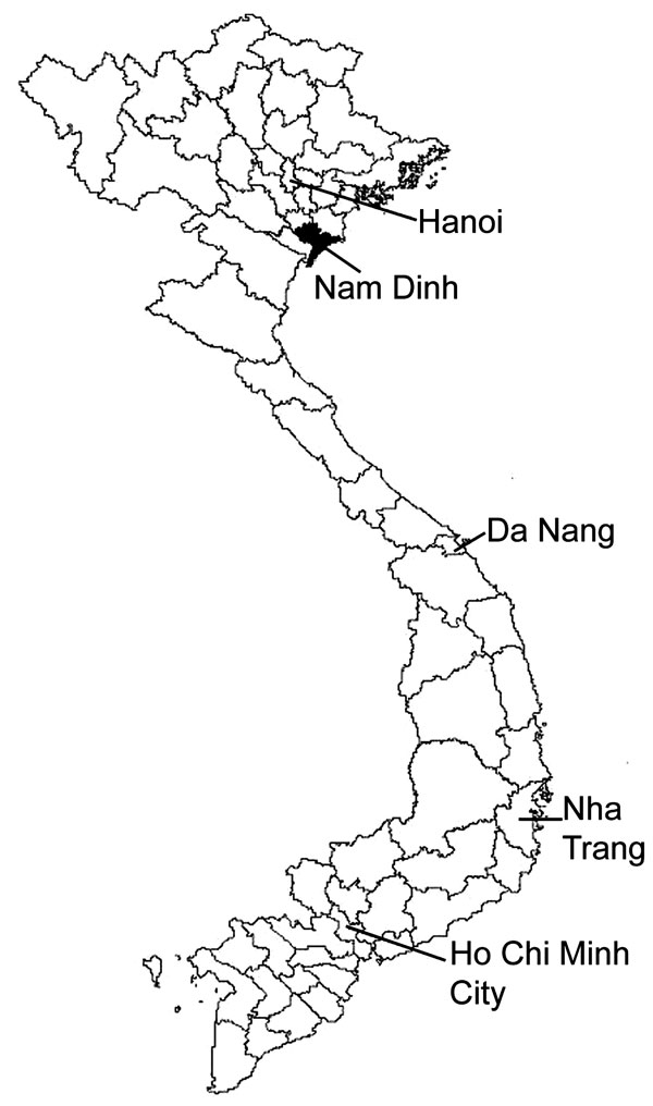 Map of Vietnam showing location of Nam Dinh Province, investigated for fishborne zoonotic trematode infections, April 2005.