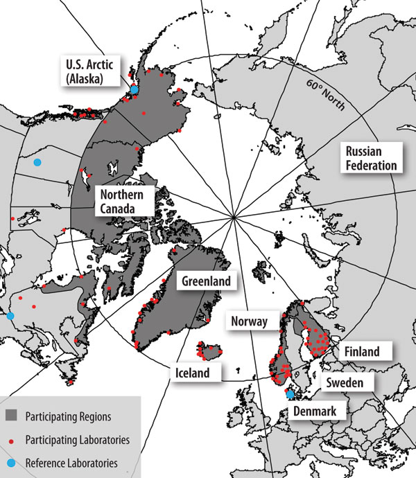 Figure 2&nbsp;-&nbsp;The International Circumpolar Surveillance system participating regions (dark gray), laboratories (small dots), and reference laboratories (large dots).