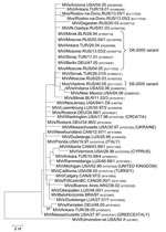 Thumbnail of Phylogenetic tree showing representative genotype D6 strains identified in Europe before 2005, strains exported from Europe to other continents (source of exportation is shown in brackets), and the D6 variants that were dominant in Europe during 2005 (D6–2000) and 2006 (D6–2005). The phylogenetic tree was calculated on the basis of the 450 nt that code for the C-terminus of the MV N protein, by using MEGA 3.1 software and the neighbor-joining method (500 bootstraps). Genetic distances are represented as numbers of nucleotide differences between strains. Measles virus strains were named according to World Health Organization nomenclature: MVi/City of isolation.Country/epidemiologic week.year of isolation(/isolate number). Sequences obtained from RNA extracted from isolates (MVi) or clinical material (MVs) were distinguished. GenBank accession numbers are also shown for each strain.