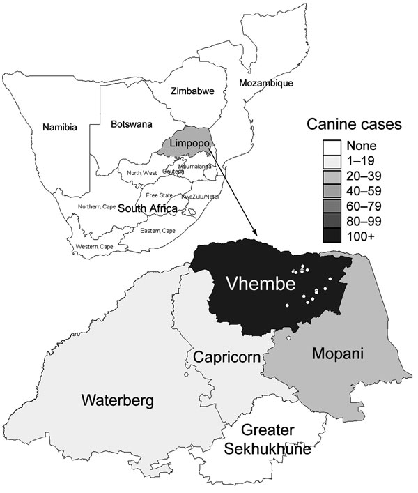 Provinces of South Africa, and neighboring countries. Inset shows a choropleth map of the number of confirmed dog rabies cases by district in Limpopo Province in 2005–2006 and the location of human cases (4 case-patients, for whom coordinates of place of residence were unavailable, were excluded).