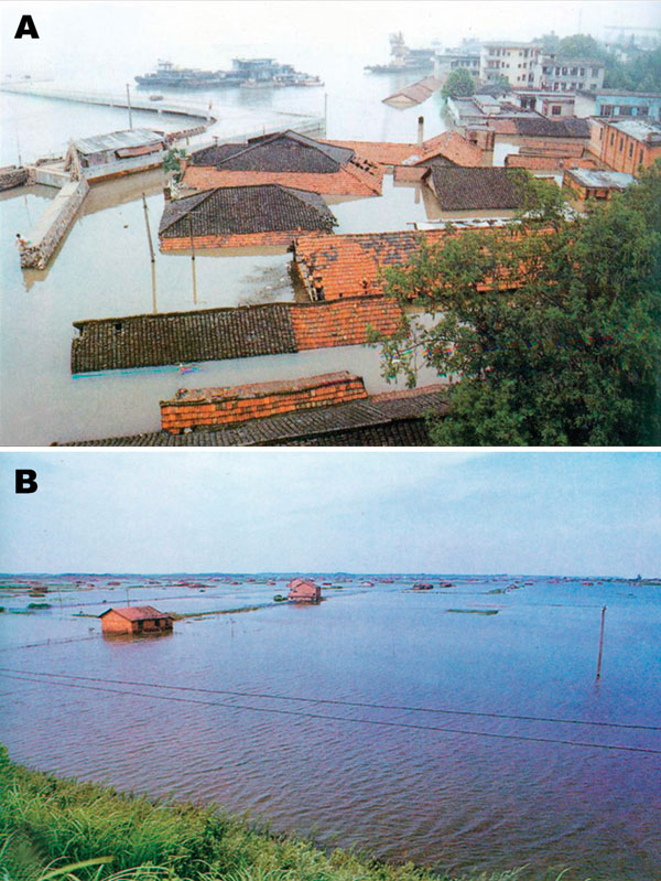 A) Submerged township houses in the Dongting Lake area due to the flood of 1998. B) An inundated rural area in 1998.