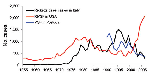 Fluctuation of incidence of Mediterranean spotted fever (MSF) in Italy and Portugal and of Rocky Mounted spotted fever (RMSF) in the United States, by year.